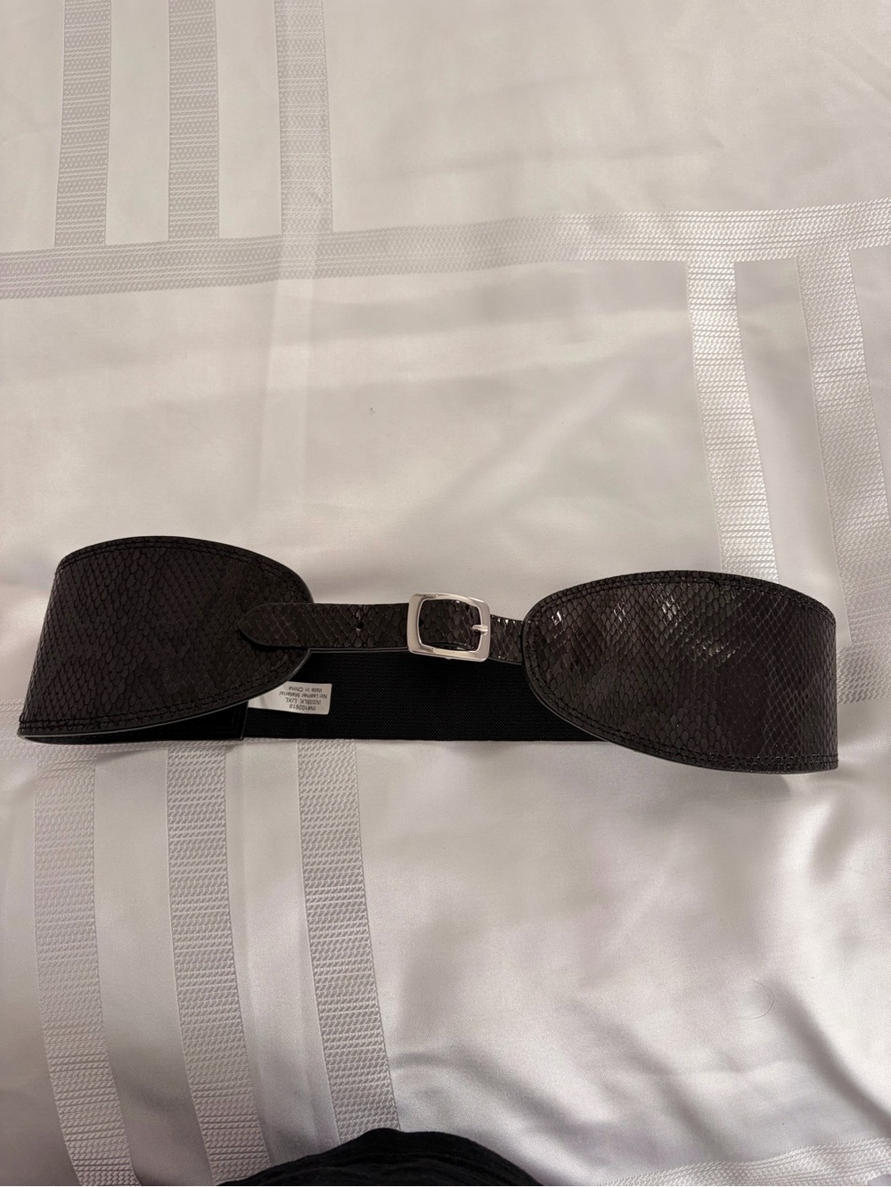 Wide Black Faux-Snake Elastic Waist Belt with Silver Buckle